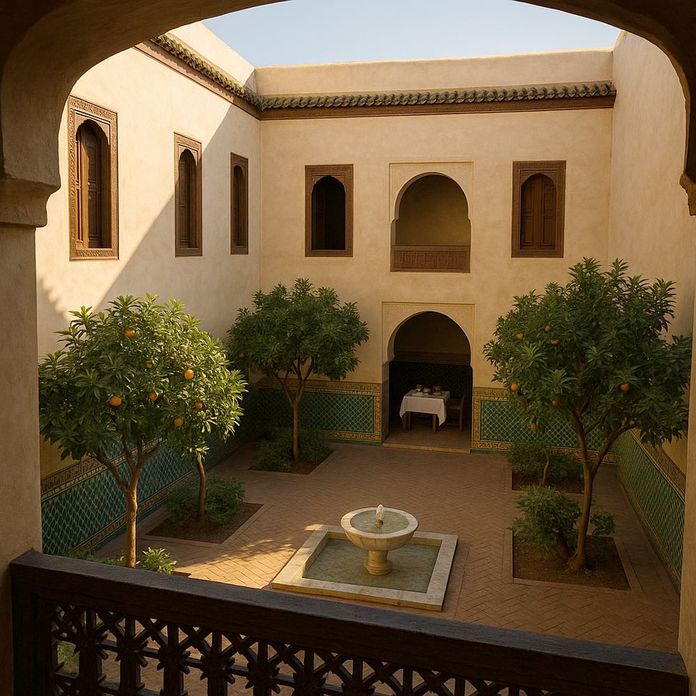 The courtyard at 07:30: low warm sun on the east wall and its green zellige dado, the rest of the court in cool morning shade.