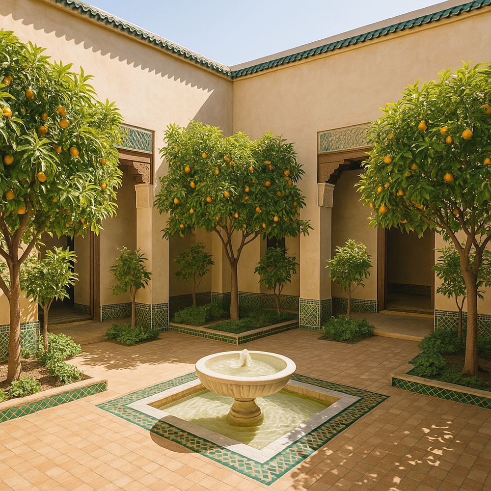 The courtyard at 10:00: bright mid-morning sun filling most of the court, the fountain lit and the orange trees glossy.