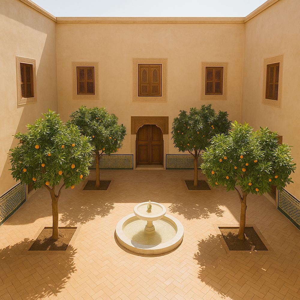 The courtyard at 13:00: overhead noon sun flooding the whole court vertically, short shadows beneath the orange trees.