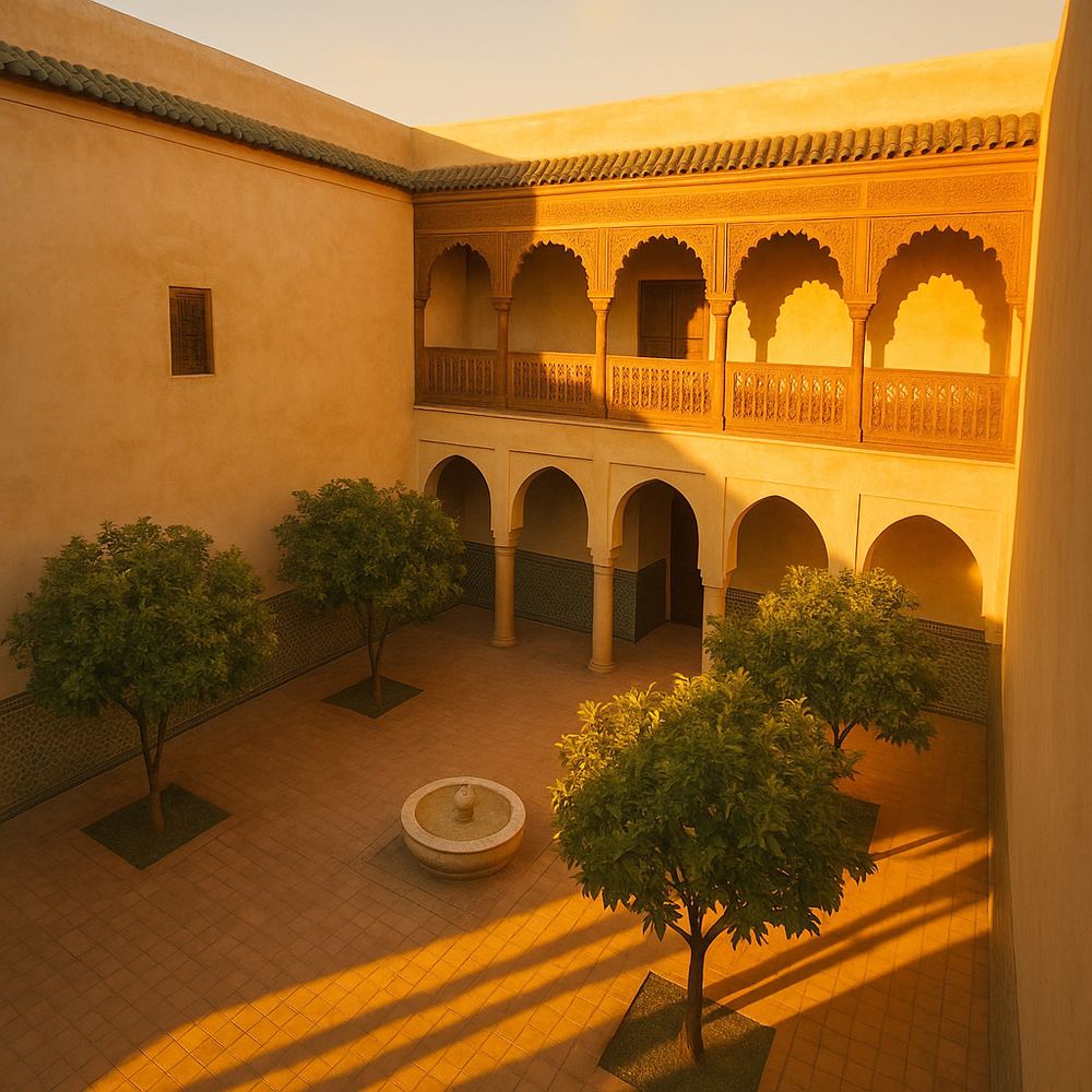 The courtyard at 16:30: warm low sun on the west wall and carved cedar upper gallery, long raking shadows on the floor.