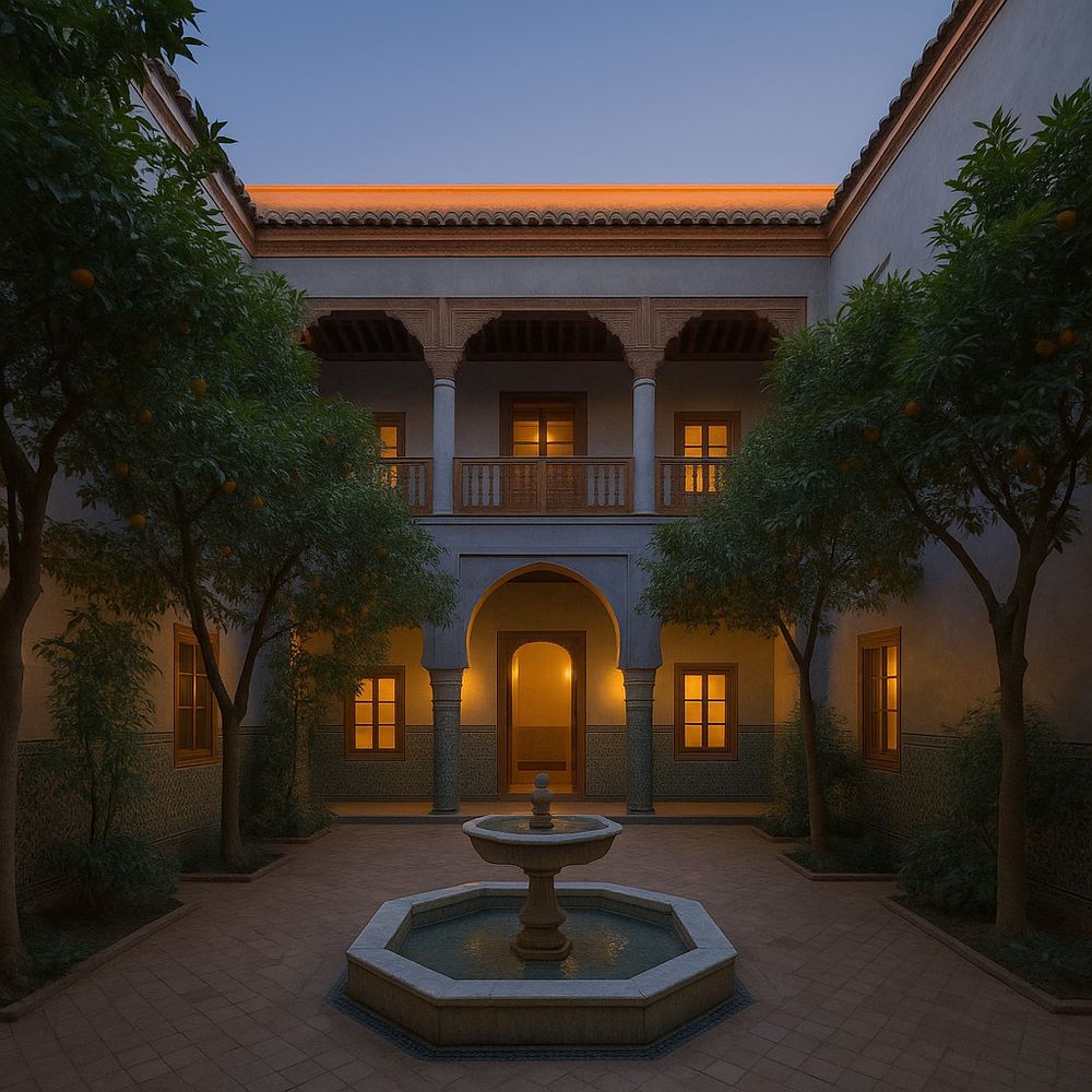 The courtyard at 19:15: dusk, only the top cornice and the square of sky still catching warm afterglow, the court in soft warm shade.