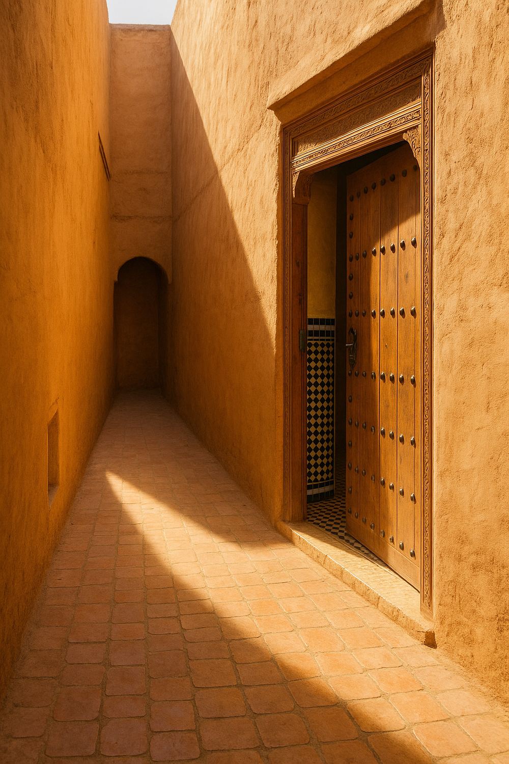 A narrow dead-end medina lane in warm afternoon light, rose-ochre earth walls and a single studded cedar door ajar onto a glimpse of a zellige-tiled entrance passage.