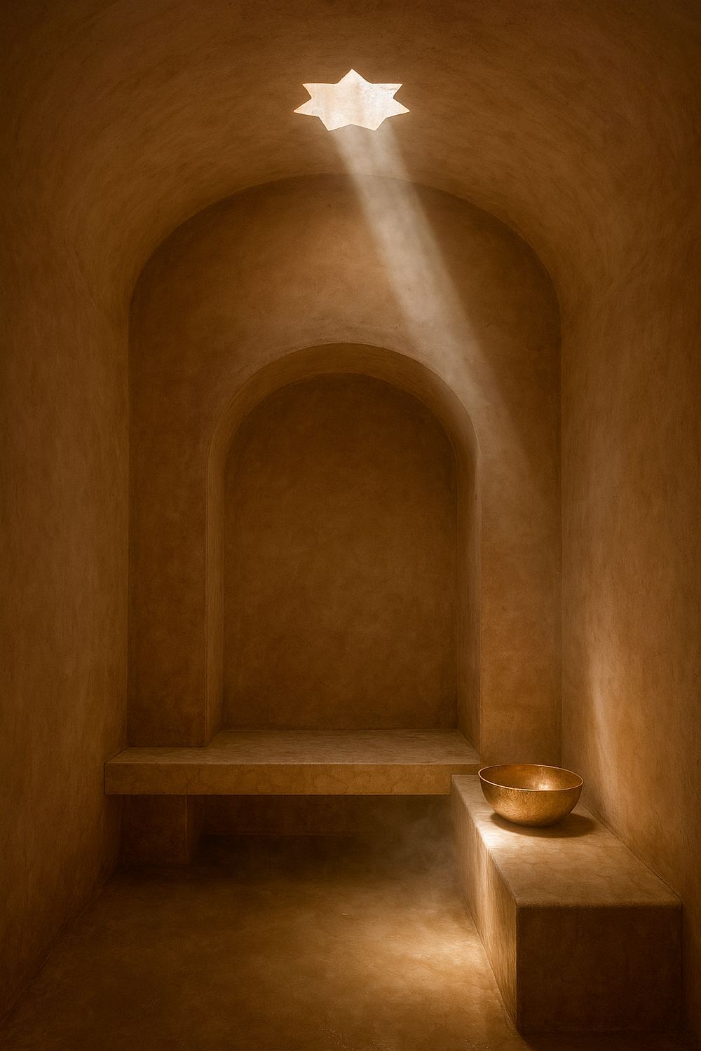 A small private hammam in warm rose-grey tadelakt plaster, a marble bench and copper bowl, a single shaft of daylight from a star-shaped ceiling vent falling through soft steam.