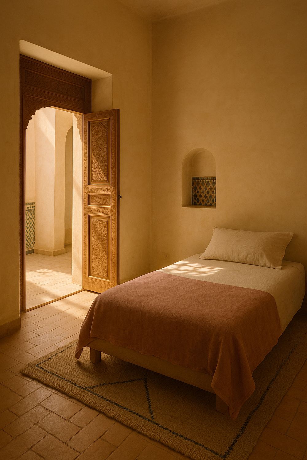 A calm guest room on the east gallery, low morning sun across a bed dressed in cream and faded-rose linen, a small zellige niche and cedar door onto the bright court.