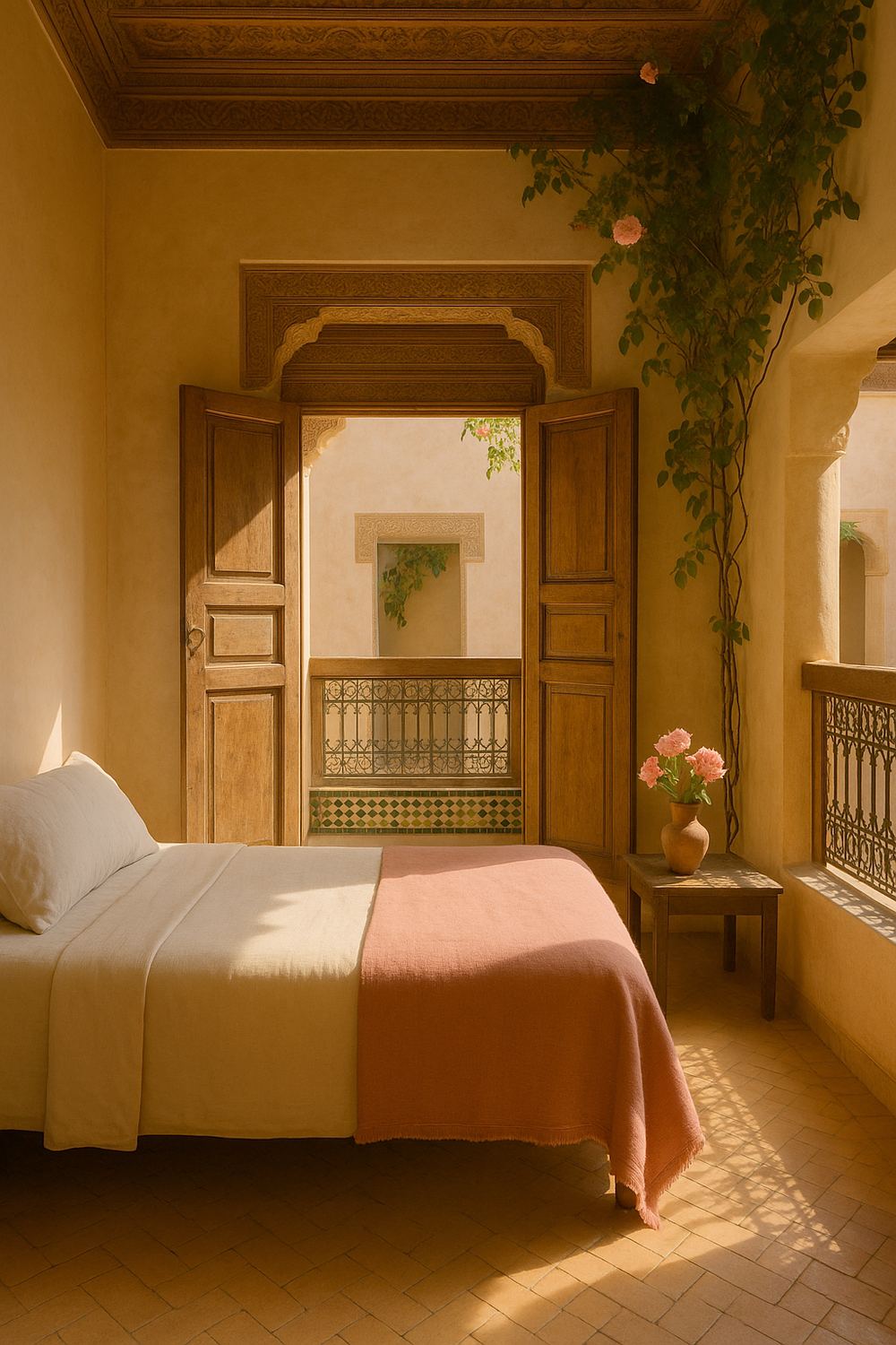 A first-floor room under a climbing damask rose, a bed in cream linen with a faded rose-pink blanket, carved cedar ceiling and doors onto the gallery above the court.