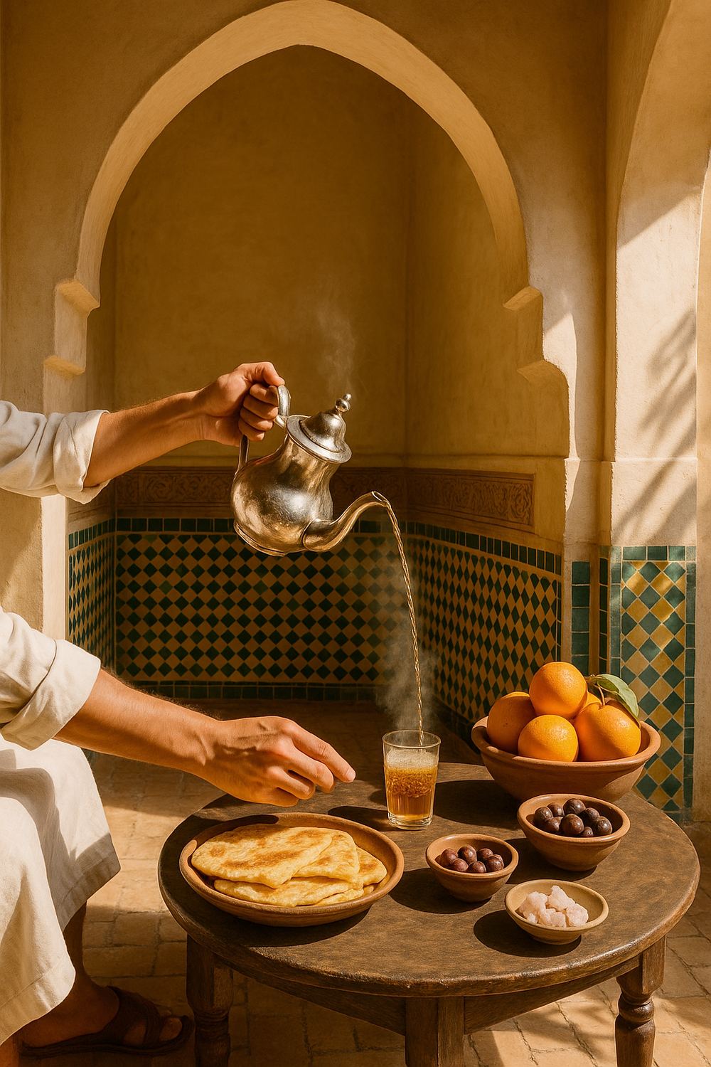 A host's hands pouring mint tea in a high thin arc from a silver pot into a glass, on a low table set with warm msemen, olives and oranges, in the vaulted alcove off the court.