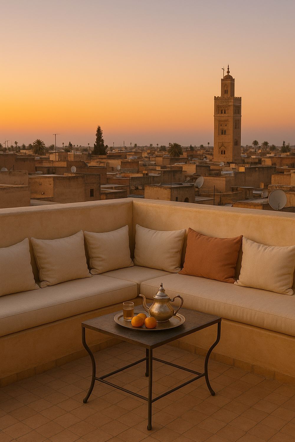The rooftop terrace at dusk over the Marrakech medina, warm apricot afterglow behind a distant minaret, a low cushioned banquette and a small table set with tea and oranges.